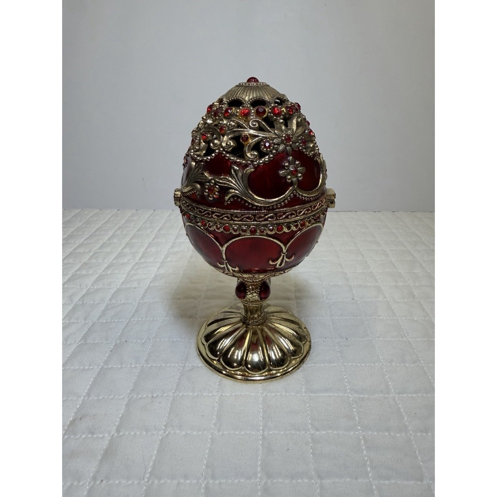 Red Jeweled Egg Music Box Hinged Trinket Box Rotating Ring Holder Enamel - Picture 3 of 11